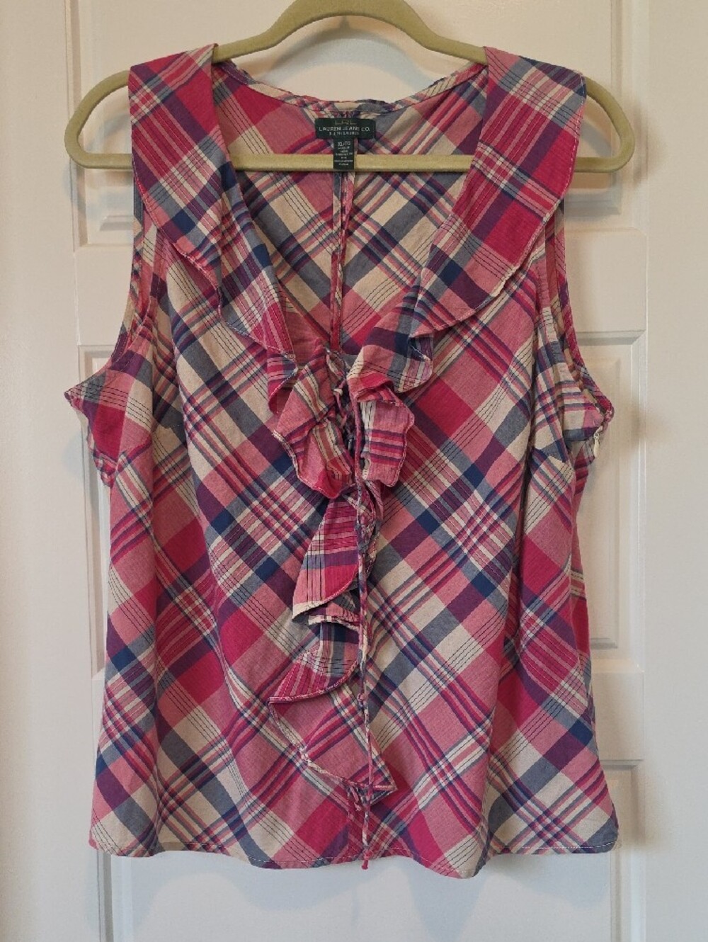 Ralph Lauren Pink Plaid Ruffle Front Sleeveless Fitted Blouse - XL - Picture 4 of 8